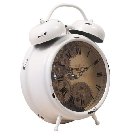 NEWTON BELL EXPOSED GEAR MOVEMENT BEDSIDE CLOCK - WHITE