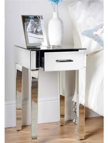 Zoe Mirrored Bedside Lamp Table with Single Drawer Bar Handle