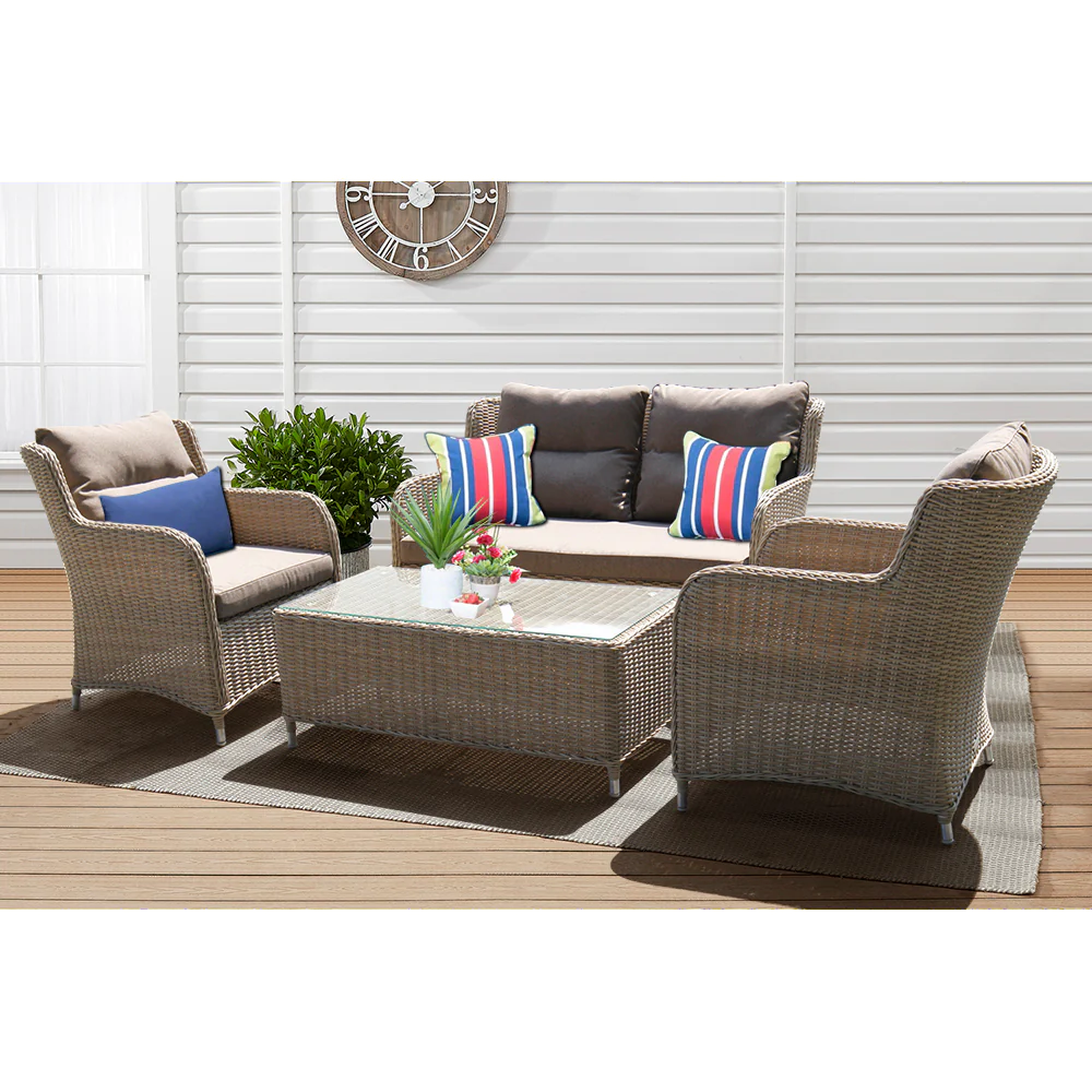 MONT ALBERT - Elegant 4 Seater Wicker Rectangle Coffee Table Lounge Set
