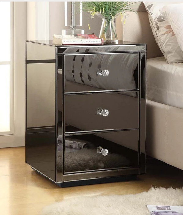 VENICE SMOKE Mirrored 3 Drawer Bedside Table