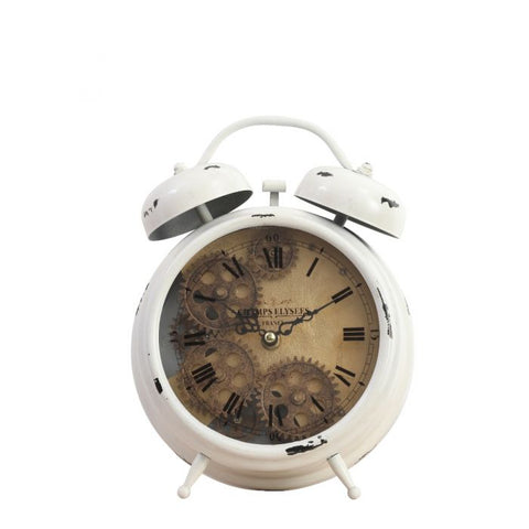 NEWTON BELL EXPOSED GEAR MOVEMENT BEDSIDE CLOCK - WHITE