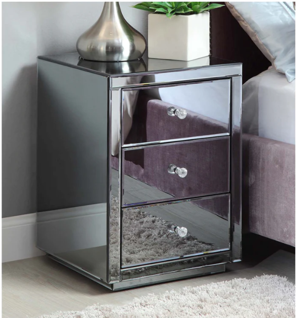 VEGAS Smoke Mirror Bedside Table 3 Drawers Crystal Effect Handle