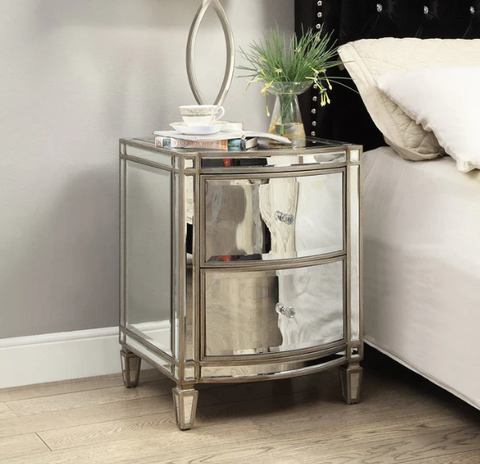 ROCHELLE Mirror Bedside Table, 2 drawers - Antique Brushed Silver Wood Frame