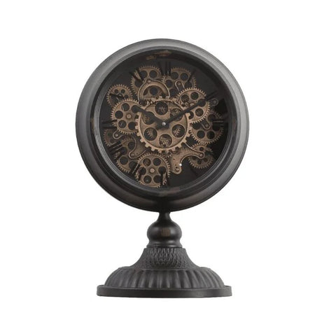 INGRAHAM ROUND EXPOSED GEAR MOVEMENT CLOCK W/ FOOTED STAND - BLACK WASH