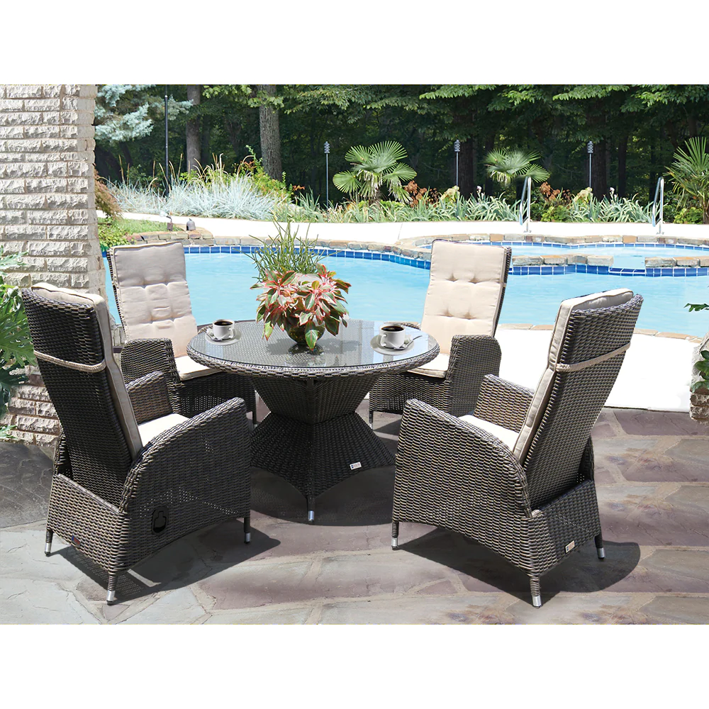 HAWTHORN - 5 Piece Outdoor Wicker Recliner Chair Dining Set