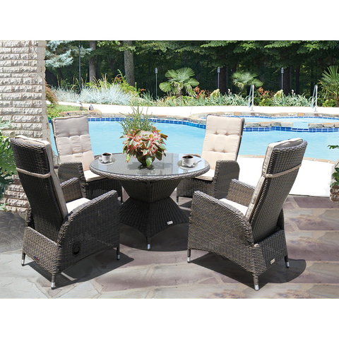 HAWTHORN - 5 Piece Outdoor Wicker Recliner Chair Dining Set