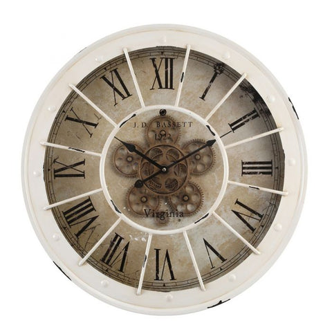 ROUND 60CM BASSETT INDUSTRIAL EXPOSED GEAR MOVEMENT CLOCK WALL CLOCK - WHITE WASH