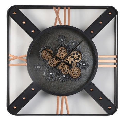 71CM SQUARE TRAFALGAR EXPOSED GEAR MOVEMENT WALL CLOCK - BLACK W/GOLD