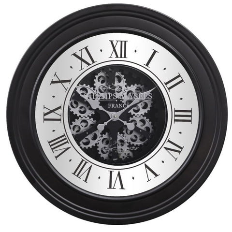 D80CM ROUND FRENCH MIRRORED INDUSTRIAL EXPOSED GEAR MOVEMENT WALL CLOCK - BLACK W/SILVER