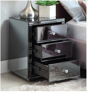 VEGAS Smoke Mirror Bedside Table 3 Drawers Crystal Effect Handle