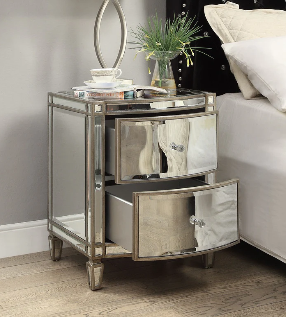 ROCHELLE Mirror Bedside Table, 2 drawers - Antique Brushed Silver Wood Frame