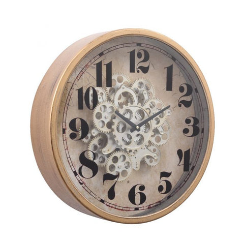 D47CM HENRI MODERN ROUND INDUSTRIAL EXPOSED GEAR MOVEMENT WALL CLOCK - GOLD WASH