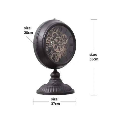 INGRAHAM ROUND EXPOSED GEAR MOVEMENT CLOCK W/ FOOTED STAND - BLACK WASH