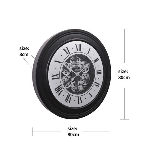 D80CM ROUND FRENCH MIRRORED INDUSTRIAL EXPOSED GEAR MOVEMENT WALL CLOCK - BLACK W/SILVER