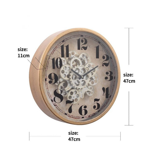 D47CM HENRI MODERN ROUND INDUSTRIAL EXPOSED GEAR MOVEMENT WALL CLOCK - GOLD WASH