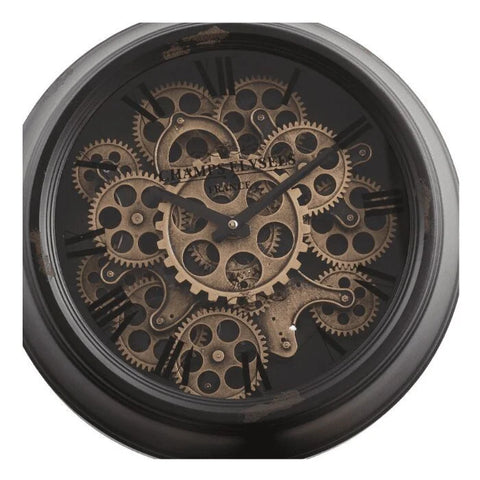INGRAHAM ROUND EXPOSED GEAR MOVEMENT CLOCK W/ FOOTED STAND - BLACK WASH