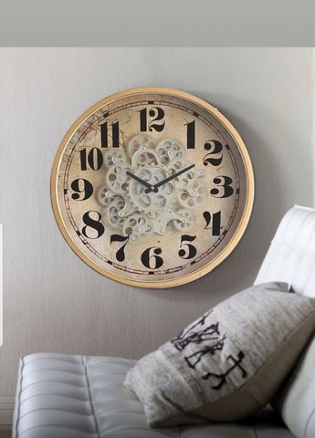 D47CM HENRI MODERN ROUND INDUSTRIAL EXPOSED GEAR MOVEMENT WALL CLOCK - GOLD WASH