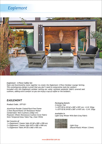 EAGLEMONT - Elegant 4 Seater Outdoor Rectangle Coffee Table Lounge Set