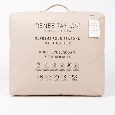 Renee Taylor Supreme Four Seasons Clip Together 80% White Duck Down and Feather Quilt
