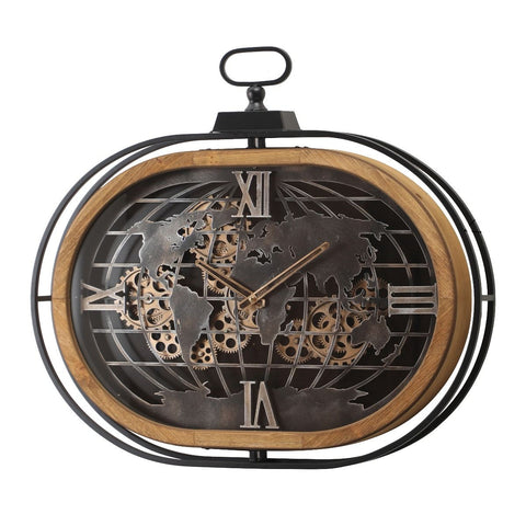 Atlas Columbus Oval FOB Metal Wood Moving Gears Wall Clock, 76cm