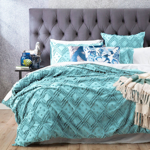 Park Avenue Medallion cotton Vintage washed Tufted Quilt Cover set  Euro P/Case Aqua