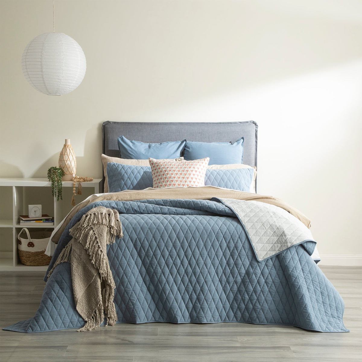 Renee Taylor Diamante Vintage Stone Washed Cotton Reversible Quilted Coverlet Set Super King Blue