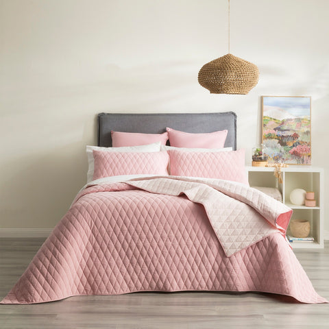 Renee Taylor Diamante Vintage Stone Washed Cotton Reversible Quilted Coverlet Set Super King Rose