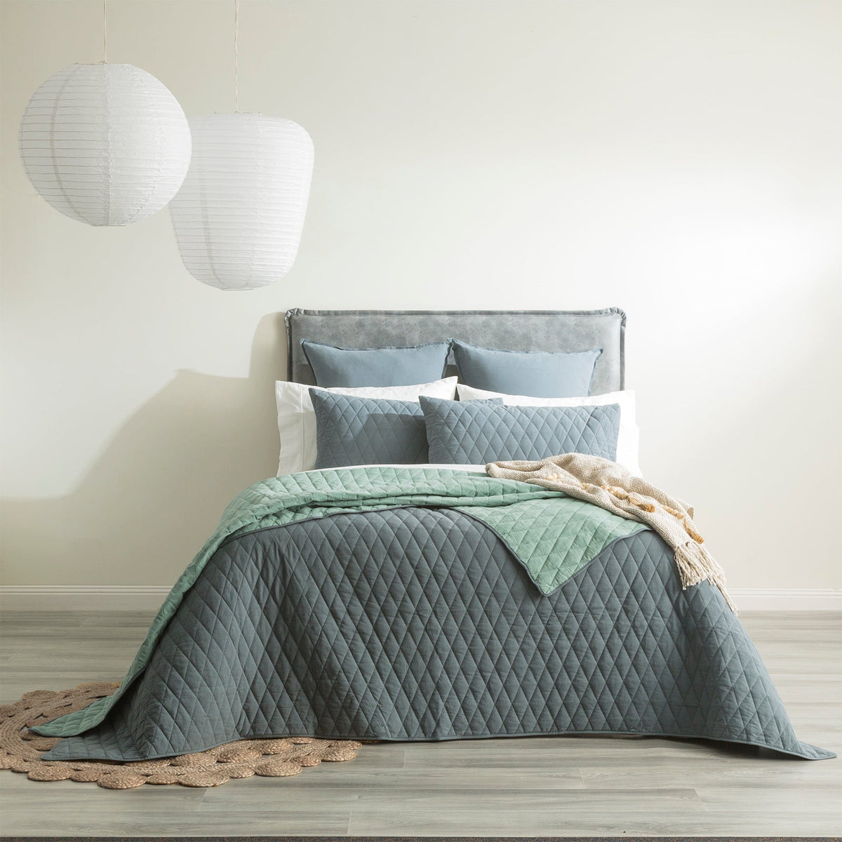 Renee Taylor Diamante Vintage Stone Washed Cotton Reversible Quilted Coverlet Set Super King Mineral