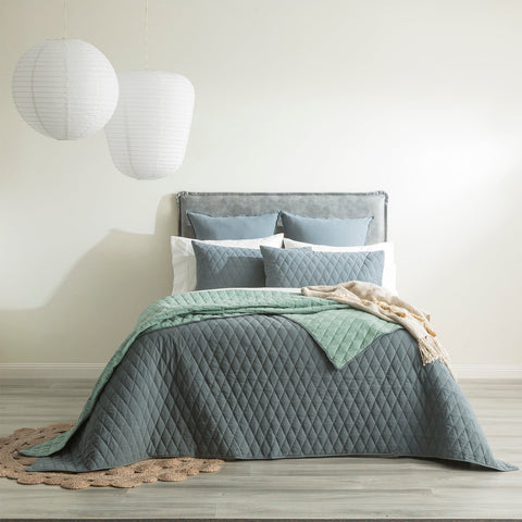 Renee Taylor Diamante Vintage Stone Washed Cotton Reversible Quilted Coverlet Set Queen/King Mineral