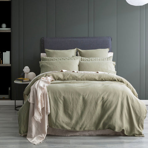 Renee Taylor Cavallo Stone Washed 100% French Linen Quilt cover set King Jade