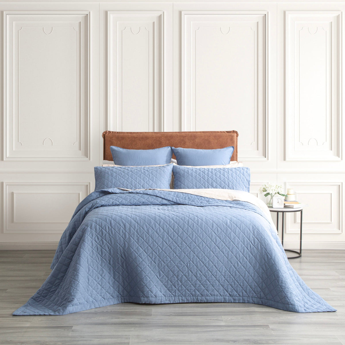 Renee Taylor Cavallo Stone washed French Linen Quilted Bed Coverlet Set Queen/King Denim