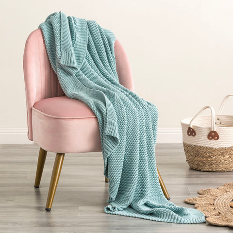 Renee Taylor Moss Seed Stitch 100% Cotton Knitted Throw 130 x 170 Cms French Blue