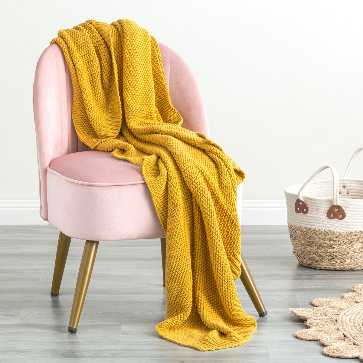 Renee Taylor Moss Seed Stitch 100% Cotton Knitted Throw 130 x 170 Cms Mustard