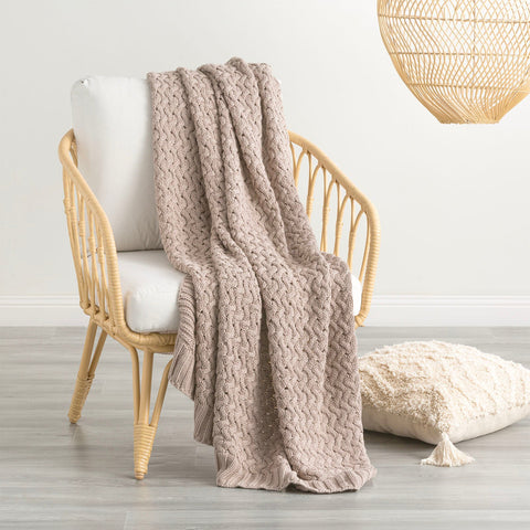Renee Taylor Lenni 100% Cotton Knitted Throw 130 x 170 Cms Camel