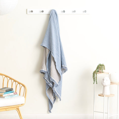 Renee Taylor Dreamy Vintage Washed Yarn Dyed Textured Cotton Throw 130 x 200 Cms Artic