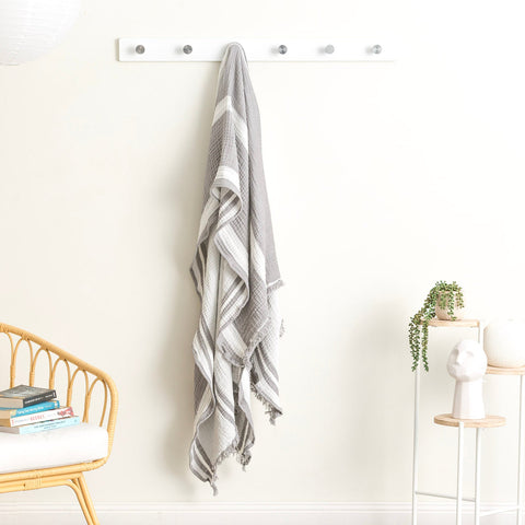Renee Taylor Ray Striped Vintage Washed Yarn Dyed Textured Cotton Throw 130 x 200 Cms Nude