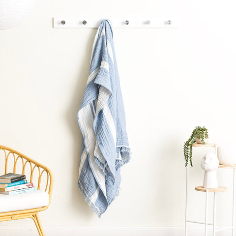 Renee Taylor Ray Striped Vintage Washed Yarn Dyed Textured Cotton Throw 130 x 200 Cms Artic