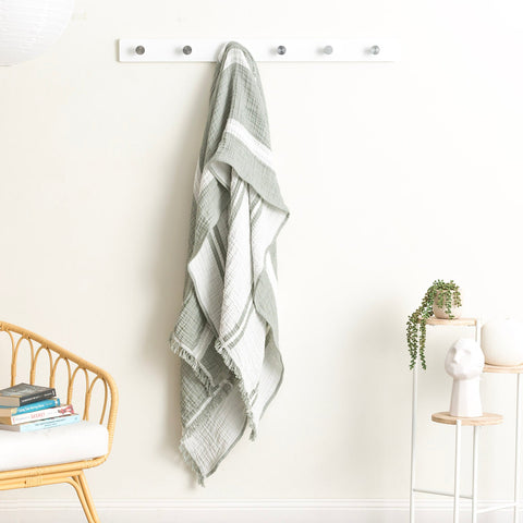 Renee Taylor Ray Striped Vintage Washed Yarn Dyed Textured Cotton Throw 130 x 200 Cms Pistachio