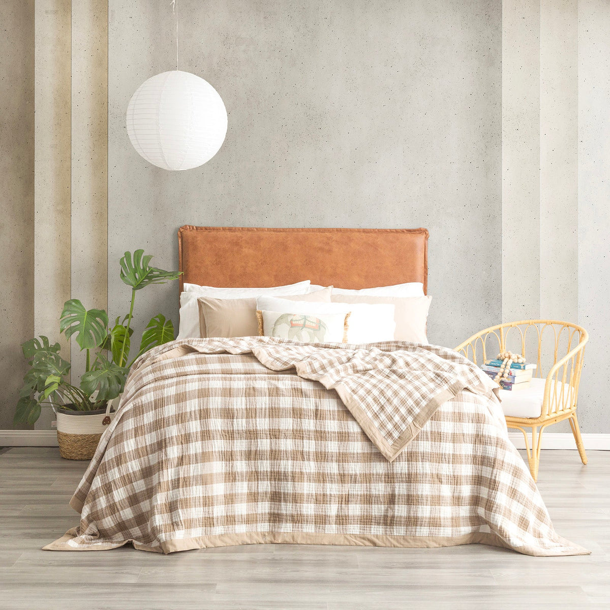 Renee Taylor Gingham Washed Cotton Yarn Dyed Revesible Textured Blanket Single/Double Tan