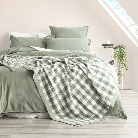 Renee Taylor Gingham Washed Cotton Yarn Dyed Revesible Textured Blanket Single/Double Emerald