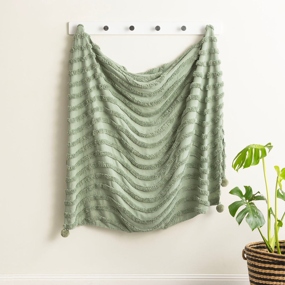 Renee Taylor Wave Cotton Chenille Vintage Washed Tufted Throw 130 x 200 Cms Sage