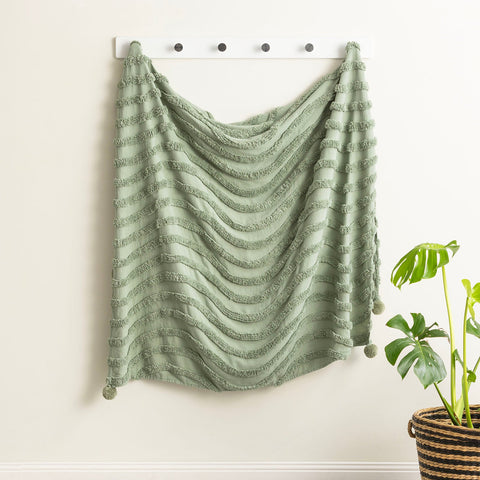 Renee Taylor Wave Cotton Chenille Vintage Washed Tufted Throw 130 x 200 Cms Sage