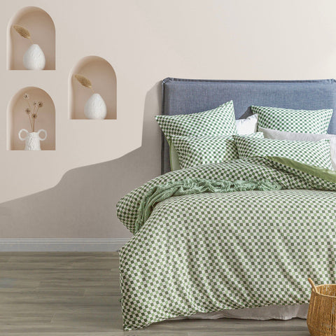 Renee Taylor 300 TC Cotton Reversible Quilt cover sets Super King Chessboard Sage